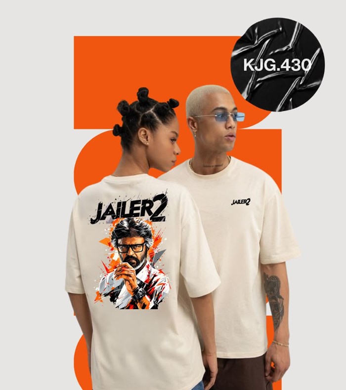 Two models wearing the peach JAILER 2 oversized jersey, showing the front and back prints
