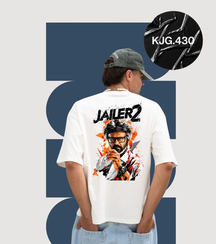 Model wearing the white JAILER 2 oversized jersey, showing the back print