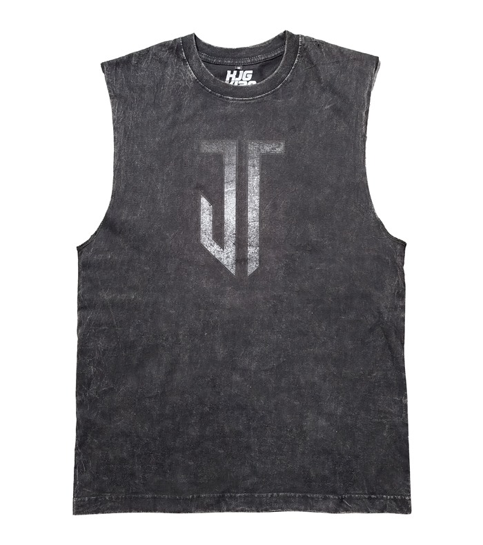The Jerry Tuai jersey — washed-black heavyweight sleeveless jersey with distressed JT chest print