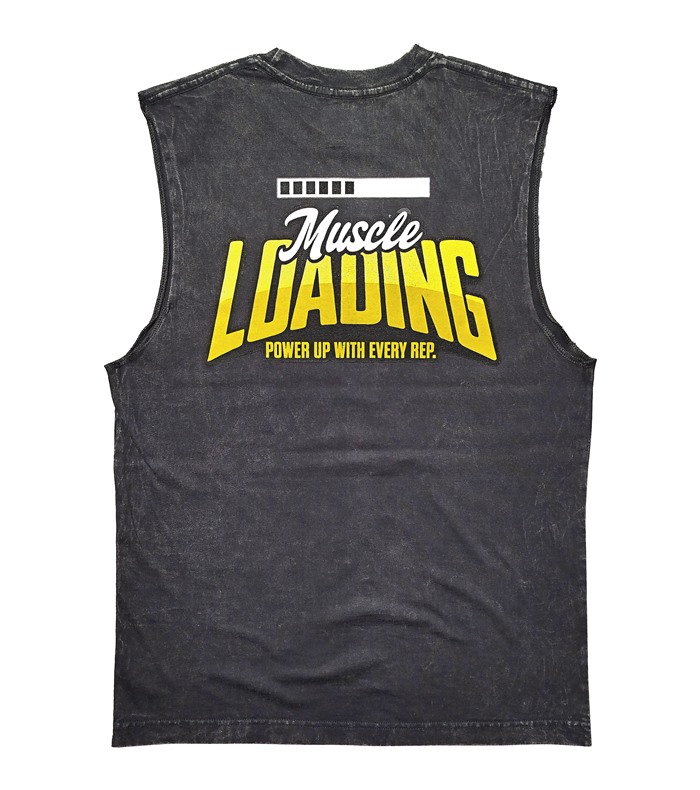 Back view of the washed-black Muscle Loading tank, showing the large back print